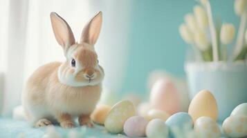 a small rabbit is sitting next to some eggs photo