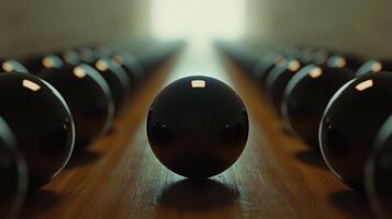 a black ball is standing in front of a row of black spheres photo