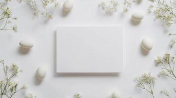 un blanco cuadrado tarjeta rodeado por blanco huevos foto