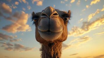 a camel is looking at the camera with a cloudy sky background photo