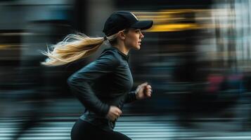a woman running in the city with a baseball cap photo