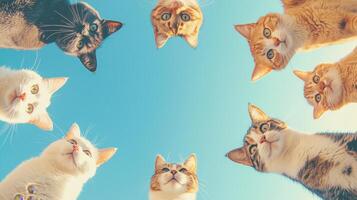cats in a circle looking up at the camera photo