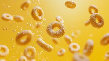 a group of cereal rings floating in the air against a yellow background photo