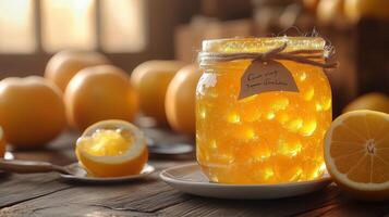a jar of lemon juice with slices of lemon photo