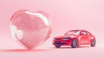 a red car and a heart shaped bubble on a pink background photo