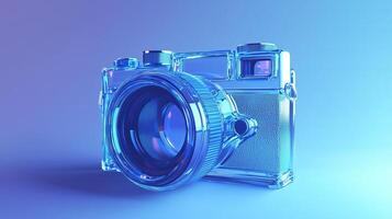a camera is shown in a blue and purple background photo