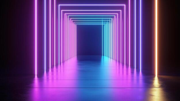 a neon light tunnel with a bright light photo