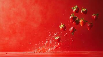 strawberries falling from the sky on a red background photo