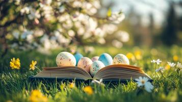 Pascua de Resurrección huevos en un abierto libro en el césped con flores foto