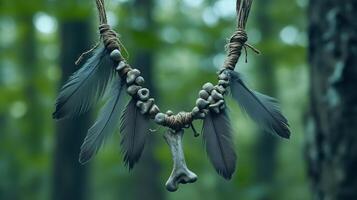 The necklace with weathered bones and dull gray feathers against a forest background. photo