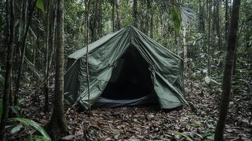 a tent in the middle of the jungle photo