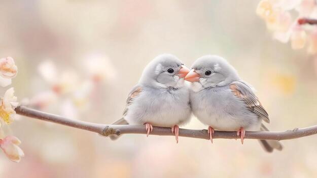 two small birds sitting on a branch with flowers photo