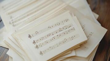 a pile of old music sheets on a wooden table photo
