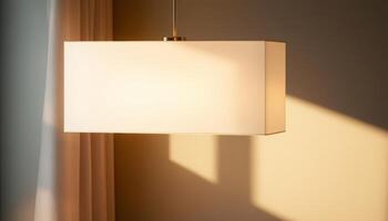Rectangular Pendant Lamp Illuminating a Warm Wall with Soft Light and Shadow photo