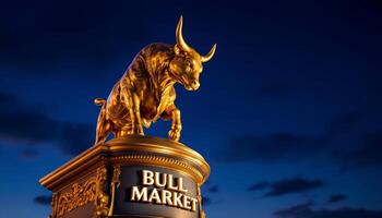 Golden Bull of the Market Stands Guard at Twilight against the Deep Blue Sky photo