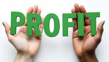 Hands Holding Green Letters Spelling Profit on a White Background Representing Success photo