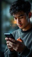 Young Man Securing Mobile Access with Biometric Lock Technology on Smartphone photo