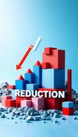 Conceptual illustration of a declining trend with falling arrow and the word ,REDUCTION, photo