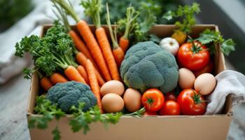 Freshly Harvested Bounty, A Colorful Assortment of Vegetables and Eggs in a Cardboard Box photo