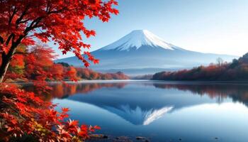 Mount Fuji,s reflection in a calm lake with red maple leaves in autumn a picturesque scenery photo