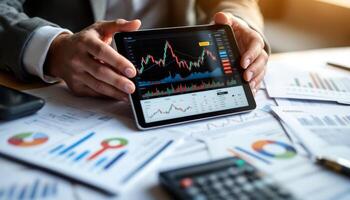 Analyzing Stock Market Data on a Tablet with Financial Reports and a Calculator photo