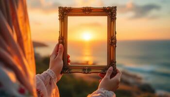 Framing the Golden Hour, A Sunset Captured Through Time,s Ornate Lens photo