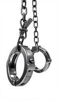 Hanging Metal Shackles Secured by Chains Against a Stark White Background photo