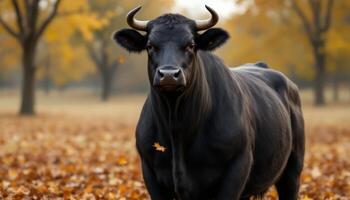 Black bull standing stoically amidst autumn leaves with warm golden tones in the background photo