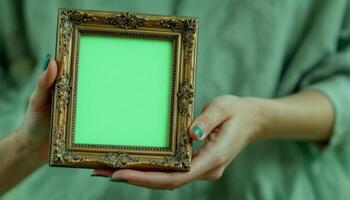 Hands hold ornate frame with green screen insert ready for your digital artwork or photo