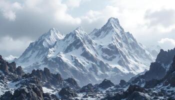 Majestic Peaks Ascend Through Winter Clouds A Stark Landscape Of Snow And Stone photo