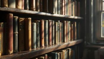 A well-lit library featuring aged hardbound books on a wooden shelf basking in the gentle light from the window photo