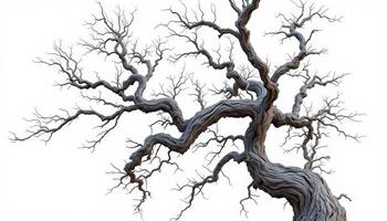 The Twisted Resilience of a Winter Tree Against a Stark White Canvas photo