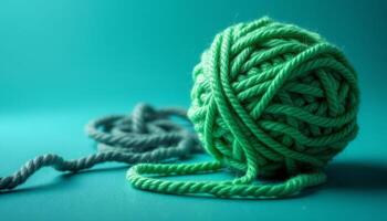 Emerald Green Yarn Ball and Grey Twisted Cord on a Teal Background photo