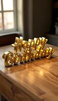 Golden ,Happy Birthday, sign on a wooden table, a celebratory and festive scene photo