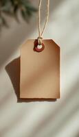 Minimalist product tag with natural twine and soft shadows for a rustic aesthetic photo