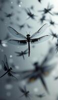 A swarm of delicate dragonflies dance in the ethereal glow with their intricate wings and dark bodies photo