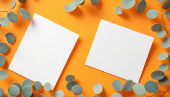 Two Blank Cards on Orange Background with Decorative Eucalyptus Branches photo