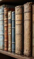A shelf of vintage leather-bound books displaying aged charm and timeworn elegance photo