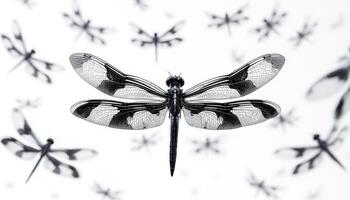 A Flight of Dragonflies Black and White Minimalist Design Detailed Wing Pattern photo