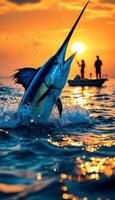 Marlin,s Majestic Leap at Sunset, a Glorious Fishing Adventure in Deep Blue Ocean photo