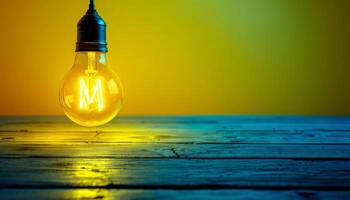 Illuminated Letter M within a Hanging Bulb Above a Rustic Blue Wood Surface against a Yellow Background photo
