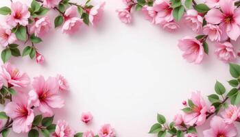 Elegant Pink Cherry Blossoms Bordering a Soft White Background photo