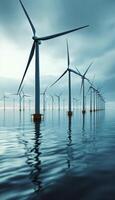 Offshore wind farm power generation reflects on still waters under a cloudy sky photo