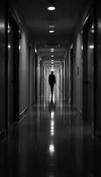 A solitary figure walking down a dimly lit hallway with mirrored reflections on the floor photo