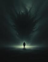 Facing the Abyss of Shadows A solitary figure confronts a looming darkness photo