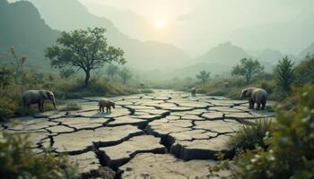 Elephants traverse cracked earth in drought stricken landscape under hazy sun photo