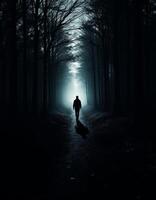 A solitary figure walks towards the light in a dark and mysterious forest path photo