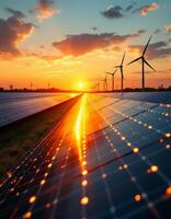 Renewable Energy Landscape, Solar Panels and Wind Turbines at Sunset Glow photo