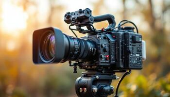 Professional Cinema Camera Ready to Capture the Golden Hour with a Blurry Background photo