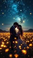 Enchanted Evening Embrace Under a Starry Sky Amidst a Field of Glowing Flowers photo